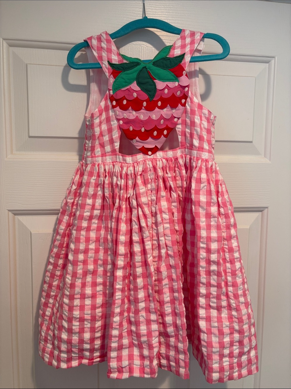 Mini Boden Pink Gingham Strawberry Back Appliqué Dress